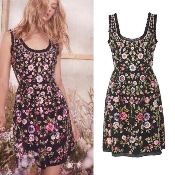 Needle & Thread Floral Embroidered Sleeveless Ruffle Fit and Flare Mini Dress - Picture 1 of 11